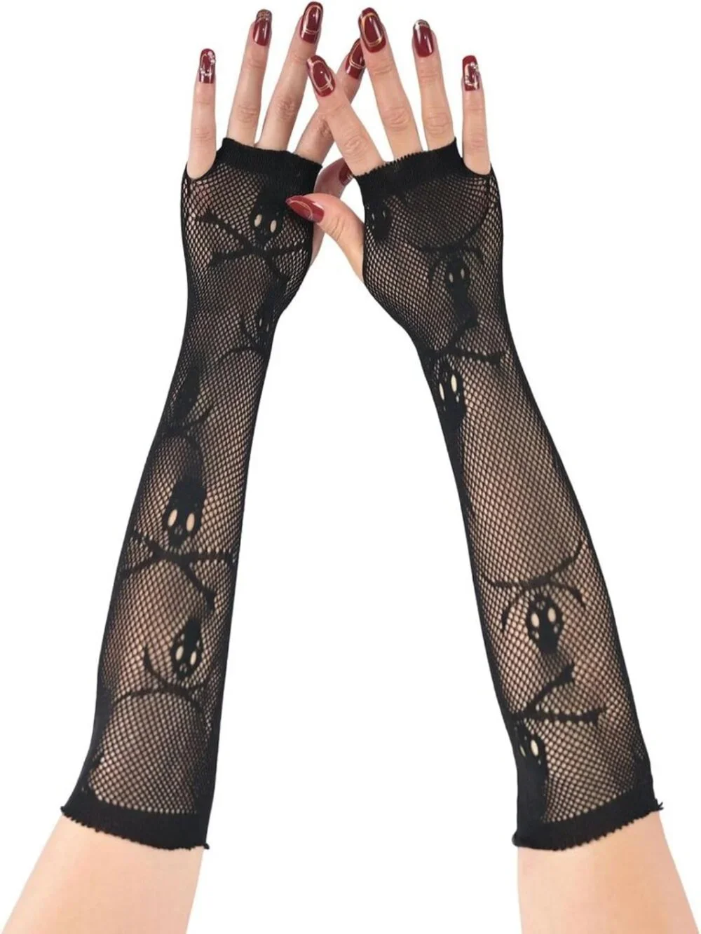 Women's Black Skull Crossbones Fishnet Long Fingerless Gothic Gloves